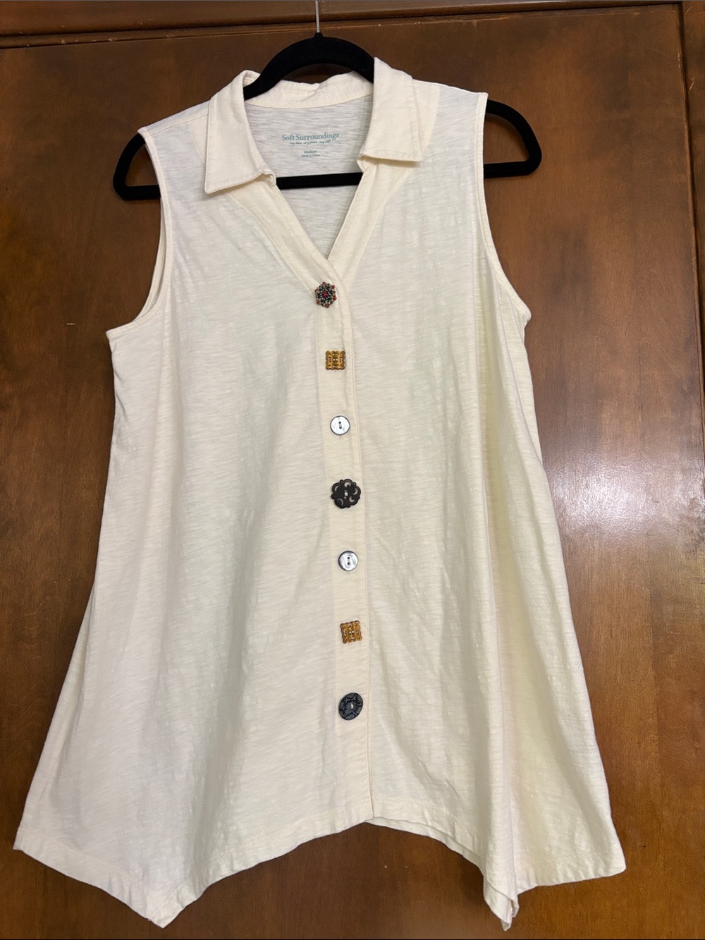 Soft Surroundings Cream Collared Sleeveless Button-Front Tunic Medium